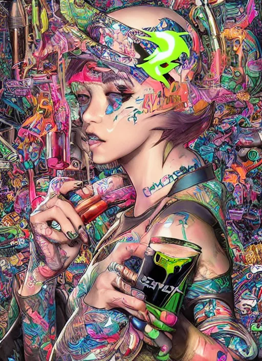 Image similar to duck drinks energy drink monster energy, elegant, sophisticated, fashionable cyberpunk gravure idol, an ultrafine hyperdetailed illustration by kim jung gi, irakli nadar, intricate linework, bright colors, porcelain skin, unreal engine 5 highly rendered, fashion photography, global illumination, radiant light, detailed and intricate environment