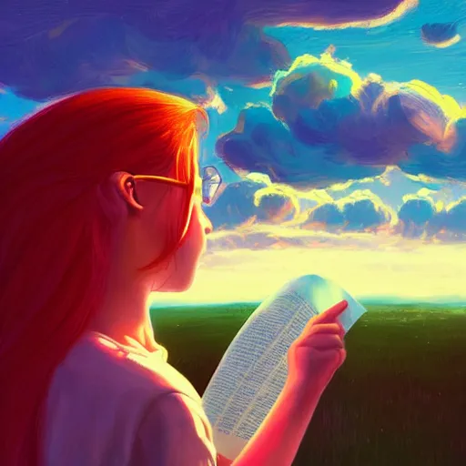 Image similar to a girl reading a book, her hair flowing down, surreal photography, sunrise dramatic light, impressionist painting, colorful clouds, large sky, digital painting, artstation, simon stalenhag, flower face