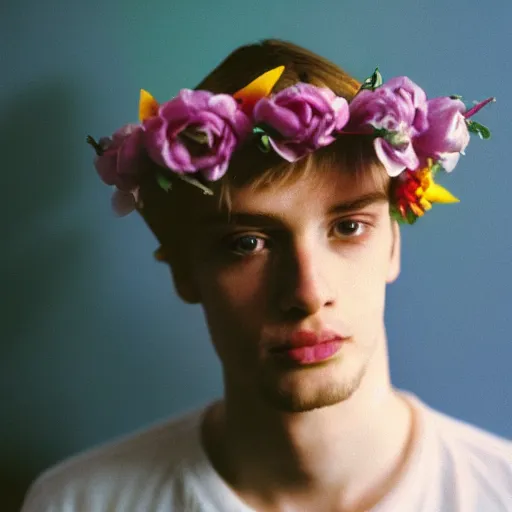 Image similar to kodak portra 4 0 0 photograph of a skinny blonde guy standing in cluttered 9 0 s cyber bedroom, back view, flower crown, moody lighting, telephoto, 9 0 s vibe, blurry background, vaporwave colors, faded!,