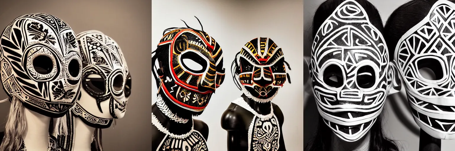 Prompt: medium head to shoulder shot, monochromatic studio photo of mexican wrestling masks on mannequin head display, artistic tribal patterns, insanely intricate epic details