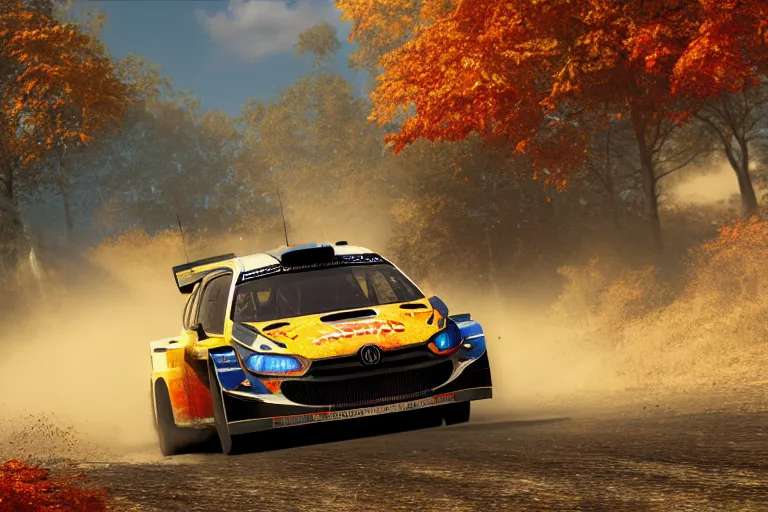 Prompt: wrc rally car, design 3 dmax vray maya pixar unreal 5, hyperrealistic, octane render, dynamic lighting, intricate detail, harvest fall vibrancy, cinematic beeple, by thomas kinkade global illumination ray tracing hdr