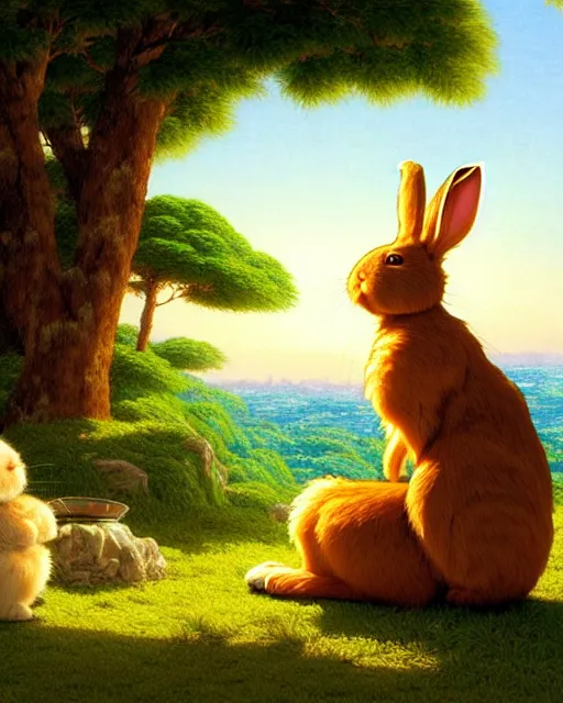 Image similar to a rabbit bear, sitting in tokyo, unique, sunny day, highly detailed, masterpiece, award winning, realistic, art by thomas cole and studio ghibli