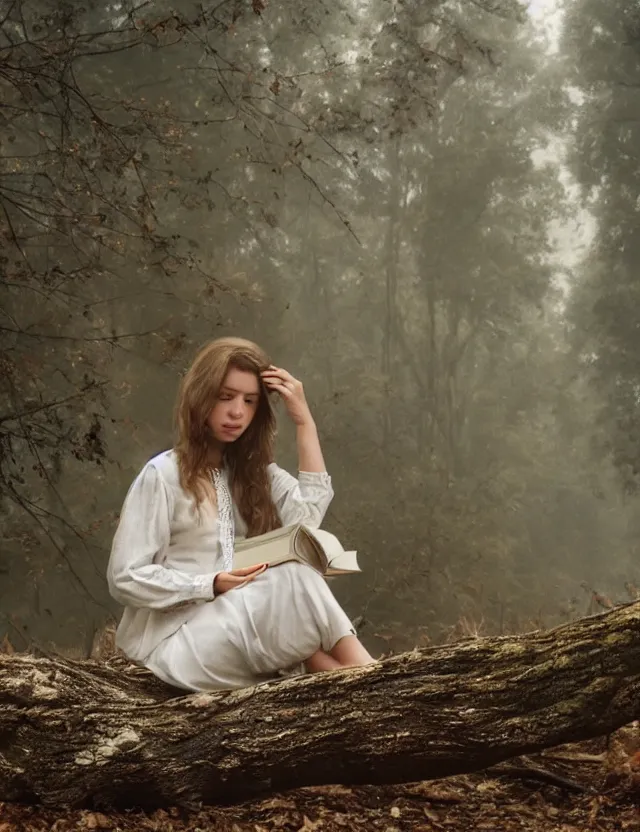 Image similar to Girl in white reading a book sitting on a tree in a foggy forest, Cinematic focus, Polaroid photo, vintage, neutral colors, soft lights, by Steve Hanks, by Serov Valentin, by lisa yuskavage, by Andrei Tarkovsky 8k render, detailed, oil on canvas