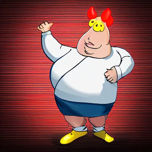 Prompt: fat man with chicken head instead of his head