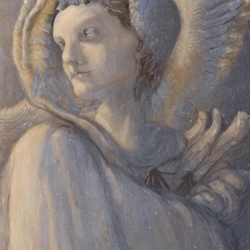 Prompt: realistic medieval painting portrait of white angel with clean narrow face like noface, 3 / 4, miracle light coming up from the head up and up, misty space, grace and blessing, by gucci maze, renaissance, christianity, marble stone, glow effect, white background