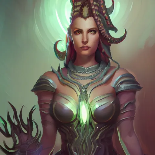 Image similar to Portrait of Kerrigan, the Queen of Blades, as a high priestess dungeons and dragons character, mattepainting concept Blizzard pixar maya engine on stylized background splash comics global illumination lighting artstation lois van baarle, ilya kuvshinov, rossdraws