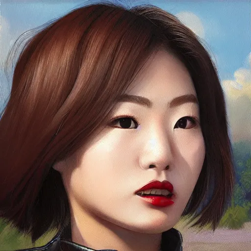 Image similar to perfect, realistic oil painting of close-up japanese young woman wearing leather jacket, in Fallout