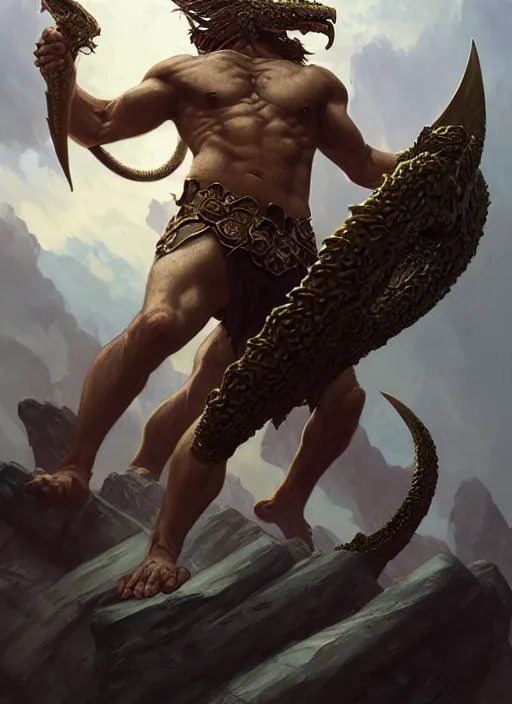 Image similar to portrait of heracles slaying the hydra, d & d, fantasy, intricate, elegant, highly detailed, digital painting, artstation, concept art, smooth, sharp focus, illustration, art by artgerm and greg rutkowski and alphonse mucha