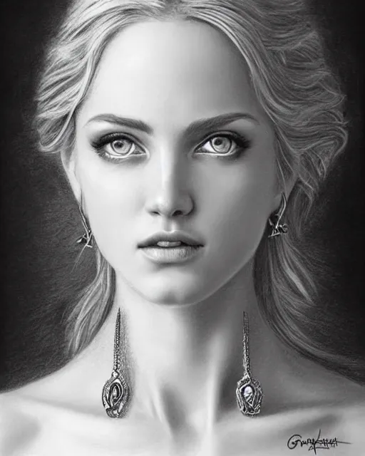 Image similar to pencil drawing of a beautiful greek goddess aphrodite with arrowhead jewelry, beautiful piercing eyes, beautiful blonde hair, hyper realistic face, in the style of greg rutkowski, fantasy, amazing detail, epic, elegant, smooth, sharp focus, from the front