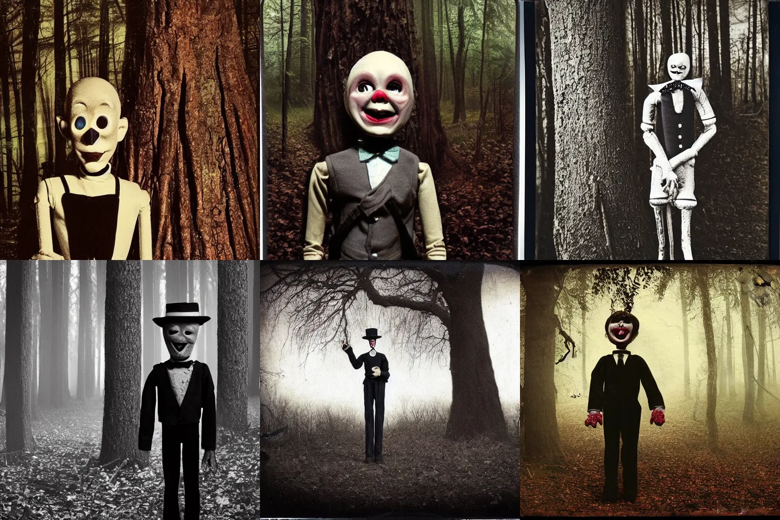 Image similar to A highly detailed masterpiece eerie polaroid of a ventriloquist dummy standing behind a tree in the woods horror, scary, terrifying, horrific, nighttime, dimly lit, creepy hd 4k