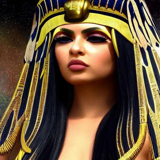 Image similar to portait egyptian princess haifa wehbe as cleopatra, centred, very long hair, hd, unreal engine, art digital painting, final fantasy style, amazing background theme