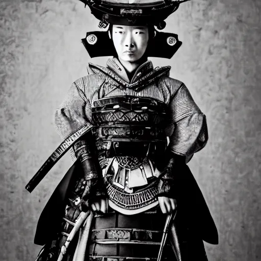 Prompt: portrait old samurai hero, cyberpunk style, surreal, french baroque style by alexander mcqueen, leica 1 9 2 0, black and white