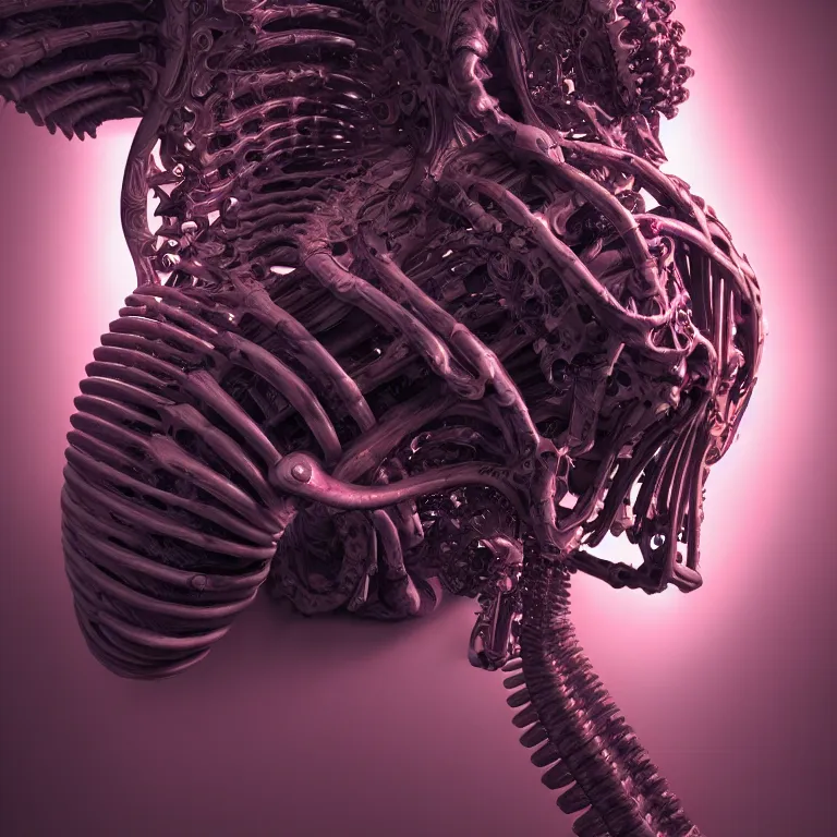 Prompt: biomechanical surreal ribbed spinal dark supercar, concept art, baroque painting, beautiful detailed intricate insanely detailed octane render, 8K artistic photography, photorealistic, chiaroscuro, Raphael, Caravaggio, lit by pastel neon lights