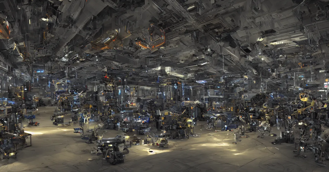 Image similar to Realistic detail photo of a factory interier for mech warrior production, full of various electronic and mechanical mech parts, devices and instruments, with hardware engineers and scientists walking around, spotlights from ceiling, incredible sharp details, light contrast, dark atmosphere, bright vivid colours, reflections, metal speculars, rendered in Unreal Engine, Redshift, journalistic photography from year 2194,