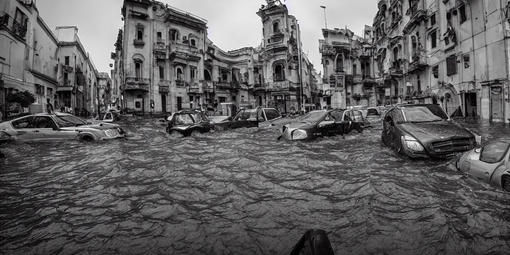 Image similar to post - apocalyptic depiction of the city of catania during flooding conditions by yoshitaka amano, wide angle camera