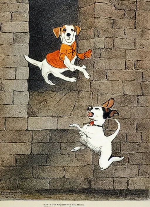 Prompt: jack russel terrier jumping off of brick structure, illustrated by peggy fortnum and beatrix potter and sir john tenniel