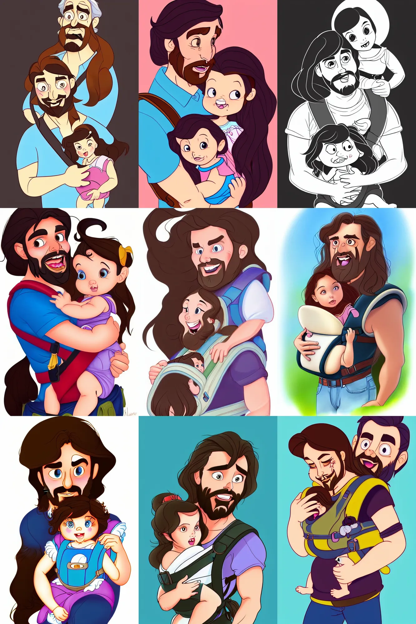 Prompt: a long - haired bearded father and his cartoonish brunette child toddler girl in a baby carrier full color digital illustration in the style of don bluth, artgerm, artstation trending, 4 k