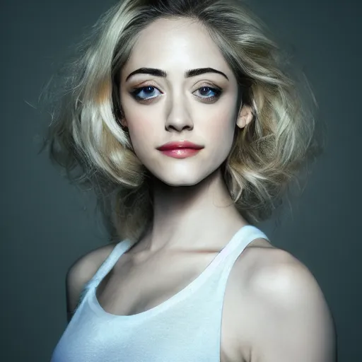 Image similar to blonde eyebrows Emmy Rossum, realistic, photo studio, HDR, 8k, trending on artstation