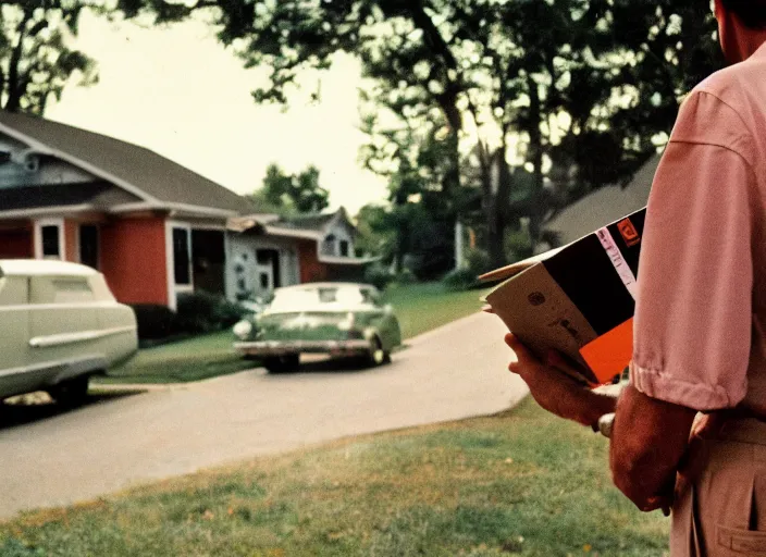 Image similar to a 3 5 mm photo from the back of a mailman delivering the mail to a suburban house in the 1 9 6 0 s, bokeh, canon 5 0 mm, cinematic lighting, dramatic, film, photography, golden hour, depth of field, award - winning, 3 5 mm film grain