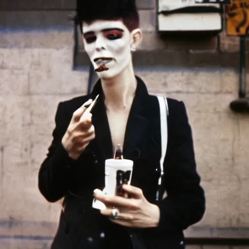 Image similar to androgynous punk smoking cigarette outside bar, photo kodachrome