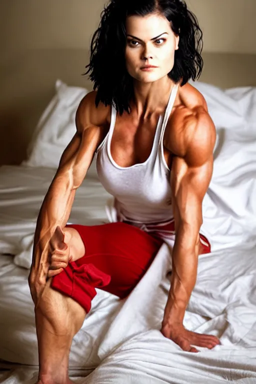 Image similar to realistic photograph. warrior woman, 2 7, in her bedclothes. tight white tanktop shows strong feminine figure. loose comfortable red pajama pants. jaimie alexander. short hair, straight, ravenblack. faircomplected but tan. tall gracile, but thick ripped jacked vascular buff muscular arms and large ample female bust.
