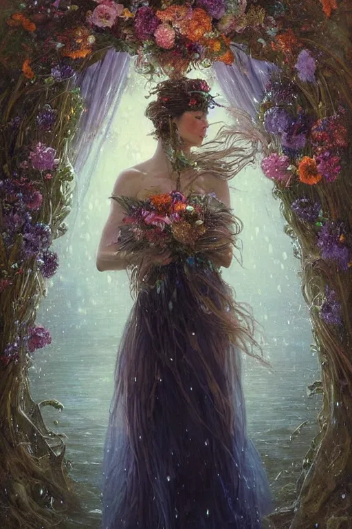 Image similar to portrait of a beautiful mysterious woman holding a bouquet of flowing flowers, wet dripping long hair, hands hidden under the bouquet, emerging from the water, fantasy, regal, intricate, by stanley artgerm lau, greg rutkowski, thomas kindkade, alphonse mucha, loish, norman rockwell