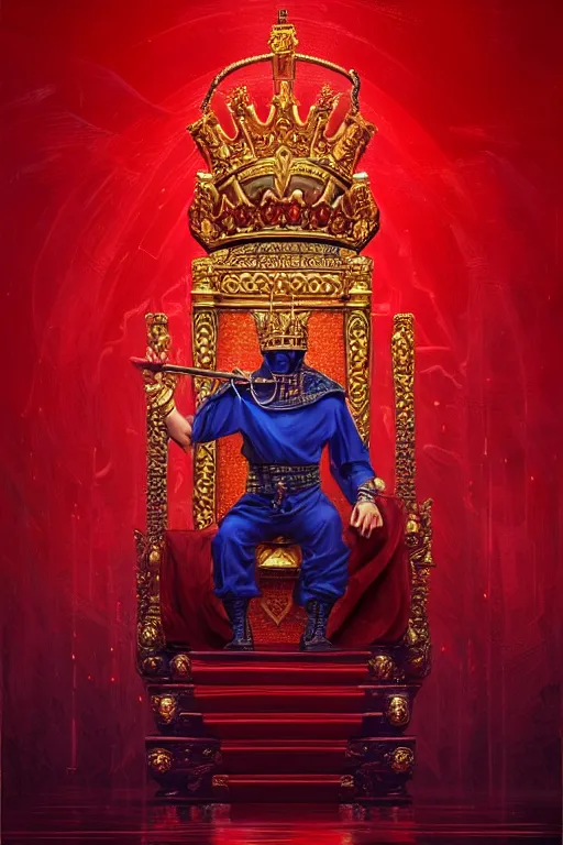 Image similar to the emperor, the crowned embodiment of male power holding the symbol of his power sits on a lavish red throne ruling with wisdom and care, 8 k resolution digital painting, by alena aenami, by michael whelan, behance hd, trending on artstation deviantart