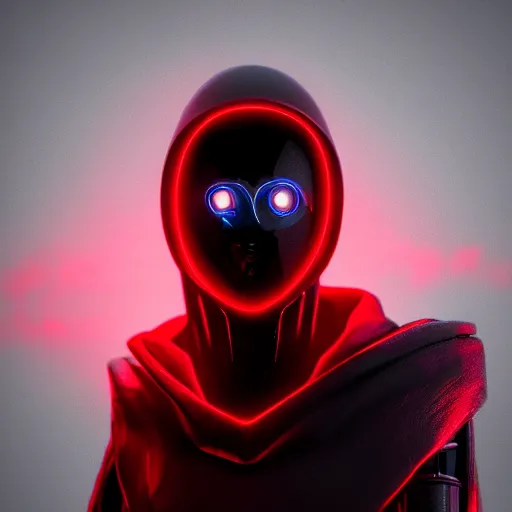 Image similar to a robot, with dark glowing red eyes, wearing a dark hood and cloak, dramatic lighting, cinematic, Unreal Engine render, 8k