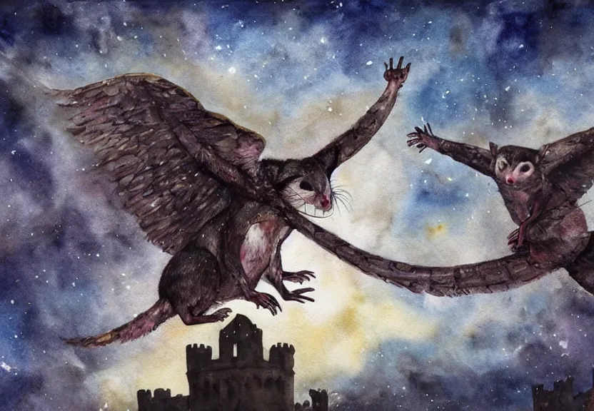 Image similar to Threatening winged possum flying over a medieval castle under a dark starred sky, dark fantasy, watercolor, dreaming illusion, highly detailed, 4k, trending on Artstation, award-winning