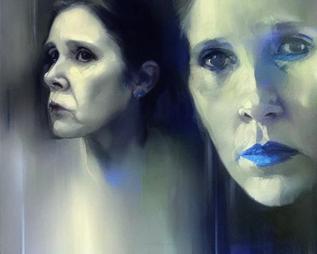 Image similar to portrait of leia young carrie fisher in shades of grey but with blue by jeremy mann