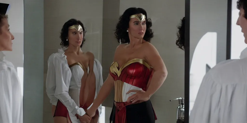 Image similar to ultra wide angle photo of will ferrel dressed in a white blouse and black dress pants looking at himself in a bathroom mirror and seeing his reflection as wonder woman