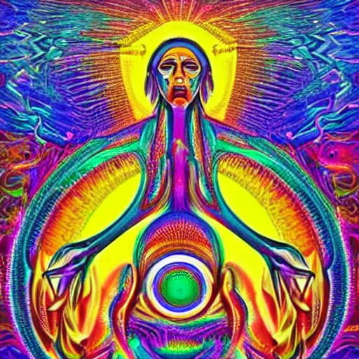 Prompt: Seeing Myself and everything & everyone is GOD or infinite intelligent imagination in the style of visionary art