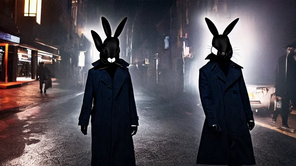 Image similar to a man in a trench coat wearing a black rabbit mask in front of a night club, film still from the movie directed by Denis Villeneuve with art direction by Salvador Dalí, wide lens