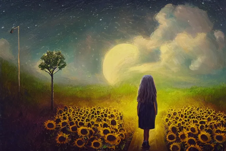 Image similar to giant sunflower as a head, girl walking between trees, hills, surreal photography, dark night, star trails, dramatic light, impressionist painting, clouds, digital painting, artstation, simon stalenhag