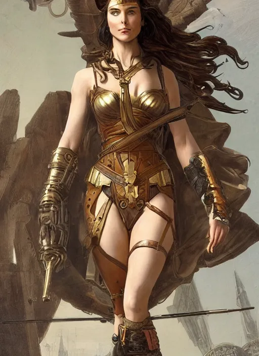 Prompt: highly detailed steampunk gal gadot standing on a mechanism : leonardo da vinci, greg rutkowski, magali villeneuve