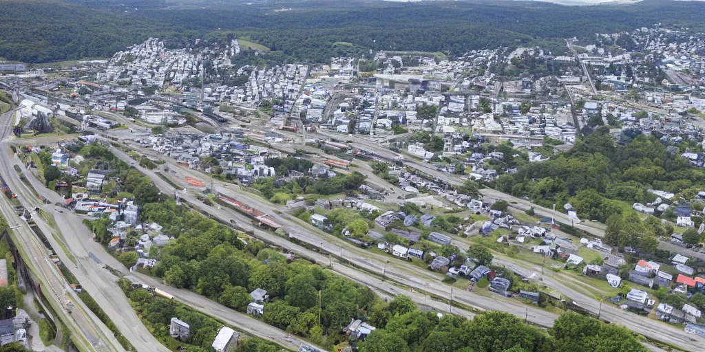 Prompt: bird's eye view photo of a low - rise city, with small woods and hills in the north with trailer park. in the south are buildings, a highway, inlet shipping dock area, and monorail station.