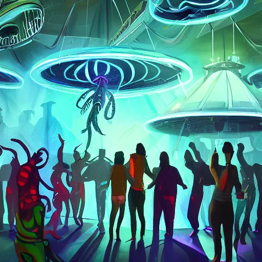 Prompt: nightclub with aliens dancing, highly detailed, artstation, digital painting