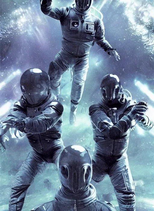 Image similar to astronauts in dark void underwater - complex and hyperdetailed technical suit. reflection and dispersion materials. rays and dispersion of light. volumetric light. f / 3 2. noise film photo. flash photography. ultra realistic, wide angle. poster by wayne barlowe, hajime sorayama aaron horkey, craig mullins