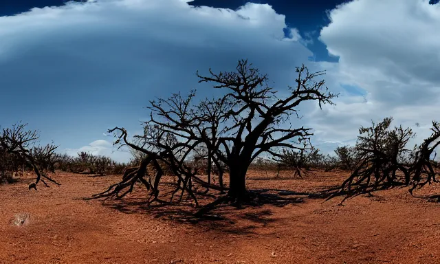 Image similar to panorama of big raindrops flying upwards into the perfect cloudless blue sky from a dried up river in a desolate land, dead trees, blue sky, hot and sunny highly-detailed, elegant, dramatic lighting, artstation, 4k, cinematic landscape, photograph by National Geographic