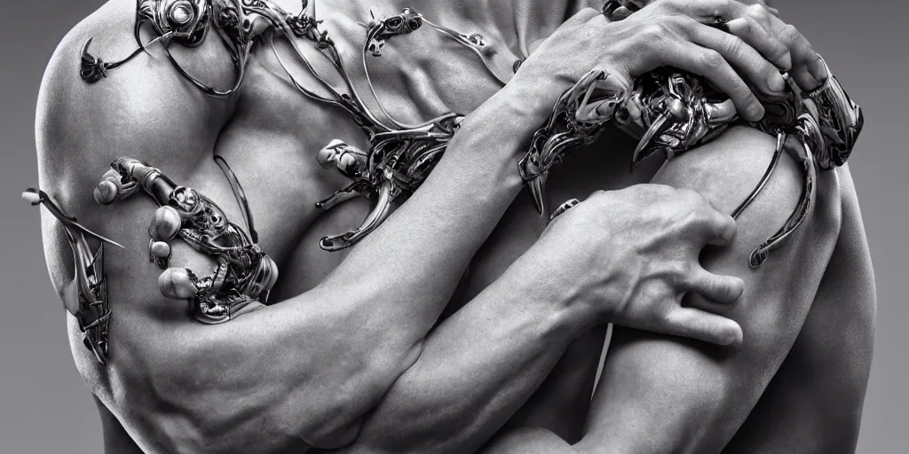 Image similar to hyper realistic photography of a stunningly beautiful cyborg male, elbow, plated arm, intimate, holding hands, ribbons, in the style of beth cavener, jin kagetsu,, and wlop, highly detailed, intricate filigree, symmetry, masterpiece, award winning, sharp focus, concept art, ringflash, ambient lighting, octane render, 8 k, artstation