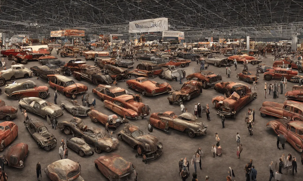 Prompt: exhibition hall full of rusty old restomods cars, plants and observing crowd people, postapo style, high detail, volumetric lighting, from new movie by digital domain and weta digital, strong ambient occlusion