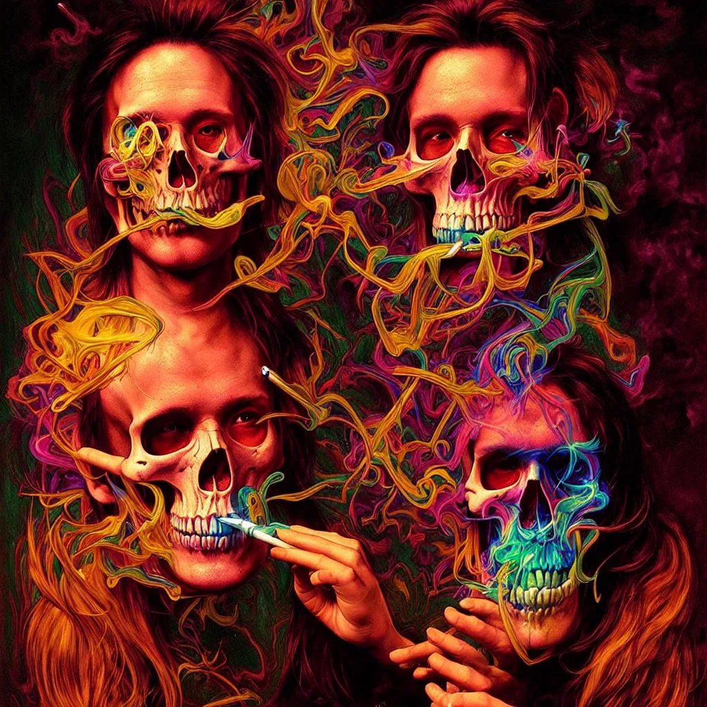 Image similar to bright psychedelic photo of BILL HICKS SKULL SMOKING, diffuse lighting, fantasy, intricate, elegant, highly detailed, lifelike, photorealistic, digital painting, artstation, illustration, concept art, smooth, sharp focus, art by John Collier and Albert Aublet and Krenz Cushart and Artem Demura and Alphonse Mucha