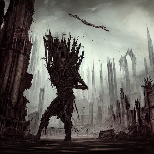 Image similar to Concept art of a half destroyed (Sentinel) holding the (mythical) (blade) of the ruined king, (abandoned) (ruins), terror, digital art, destruction, the (void,) ominous vibes, heroism, fear, very detailed, evil, smoke, trending on artstation, intricate details, high definition, 16k, Artstation, by John Wallin Libert, Antoine Collignon and Pablo Dominguez