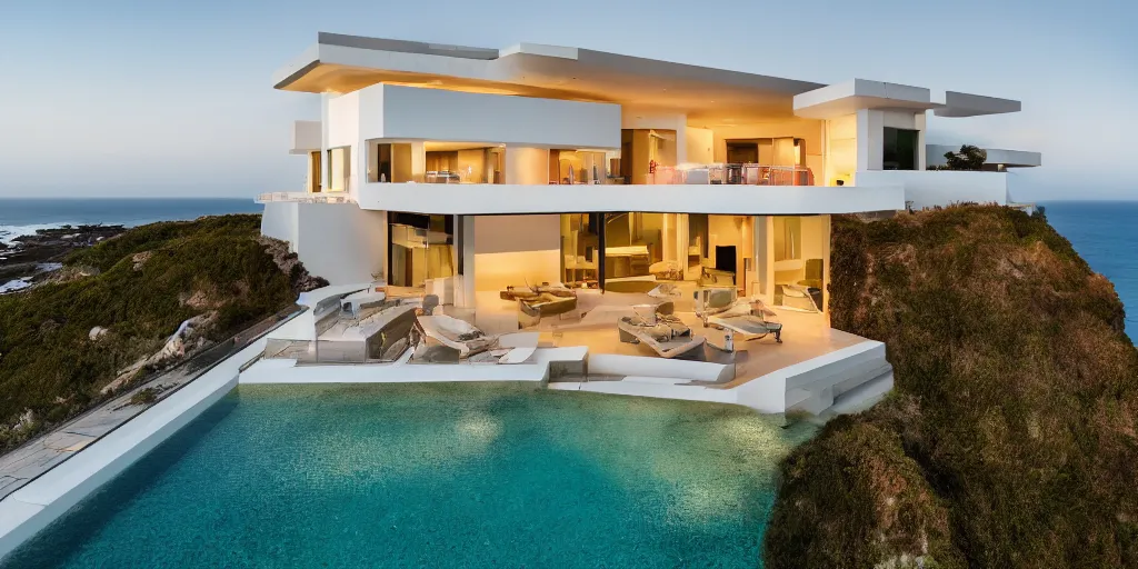 Prompt: cinematic view of beautiful modern villa on a cliff overlooking the ocean, photography