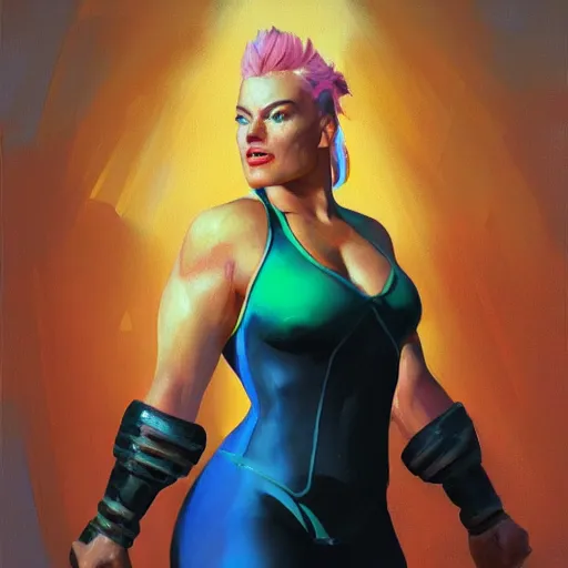 Image similar to greg manchess portrait of margot robbie as thick female bodybuilder zarya from overwatch in disco elysium, epic grimdark, fantasy, medium shot, asymmetrical, profile picture, organic painting, sunny day, matte painting, bold shapes, hard edges, street art, trending on artstation, by huang guangjian and gil elvgren and sachin teng