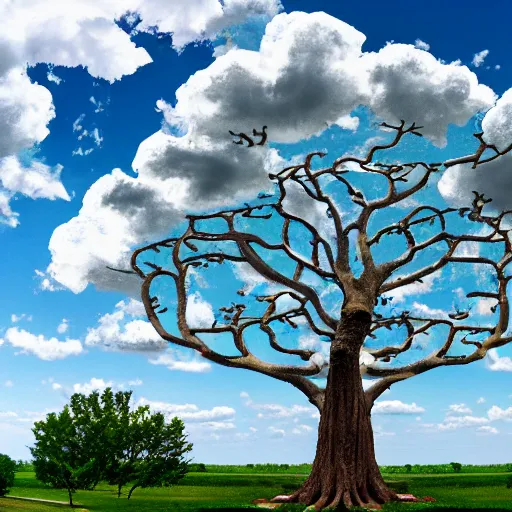 Image similar to a partly cloudy sky in the summer, with a fractal tree pattern akin to a motherboard painted upon the heavens