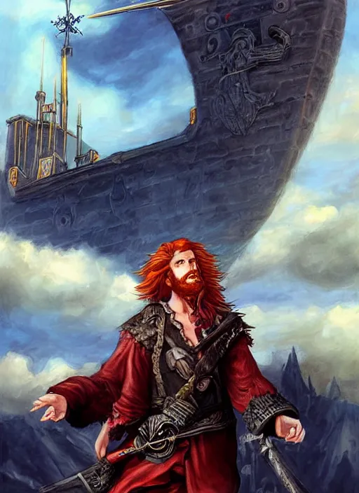 Image similar to epic fantasy portrait painting of a long haired, red headed male sky - pirate in front of an airship in the style of the king killer chronicles