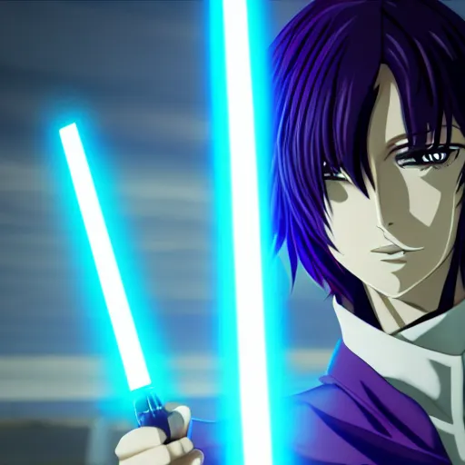 Image similar to Lelouch Lamperouge holding a lightsaber, mysterious man, octane 8k, aesthetic cyberpunk, lightsaber duel, veautiful reflections, octane render, purple lightsaber, fighting stance, beautiful man face