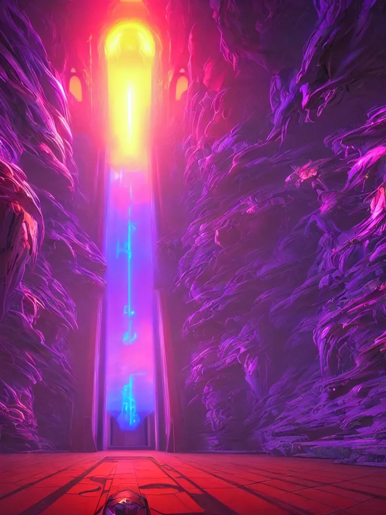 Image similar to entrance to matrix ethereal realm, ai sentient, rendered in unreal engine, central composition, symmetrical composition, dreamy colorful cyberpunk colors, 6 point perspective, fantasy landscape with anthropomorphic terrain in the styles of igor morski, jim warren and rob gonsalves, intricate, hyperrealistic, volumetric lighting, neon ambiance, distinct horizon