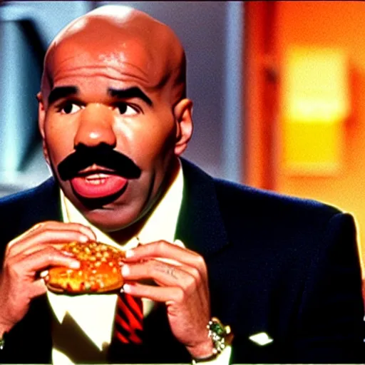 Image similar to steve harvey on the set of pulp fiction eating a cheeseburger